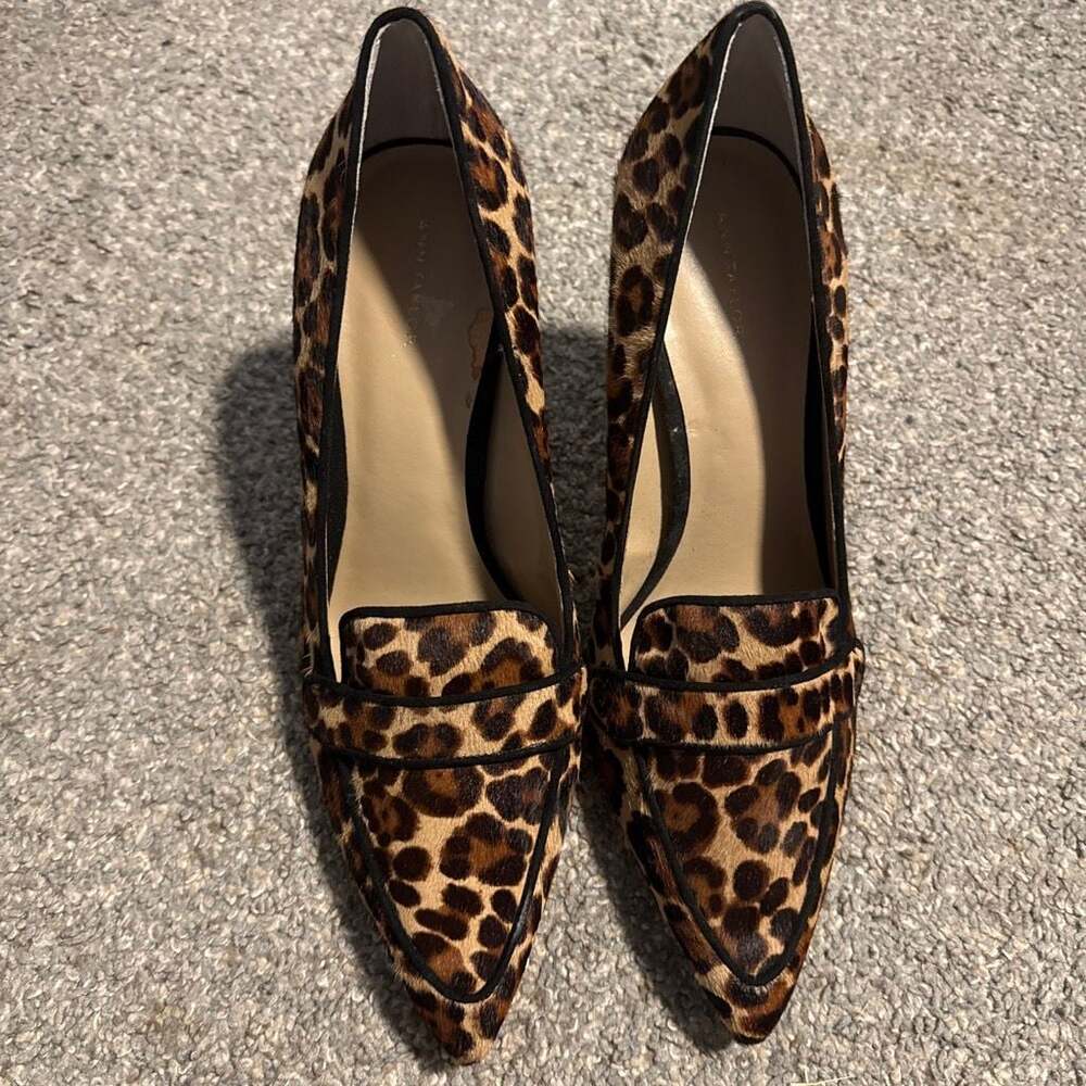 Ann Taylor Leopard Print Calf Hair Pointed Toe Heeled Loafer Pumps